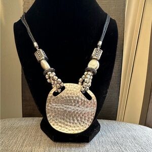 Silver Hammered Metal Medallion with beads Cord Necklace in Black